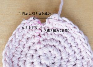 埼玉県所沢市のかぎ針編み教室omponnerが円の編み方を教えるときに引き抜き編みをする箇所を説明している画像