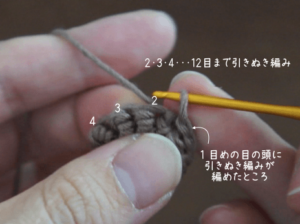 埼玉県所沢市の編み物教室poponnnerが教える動画レッスンの様子。コイル編みのモチーフを編んでいるところの画像。