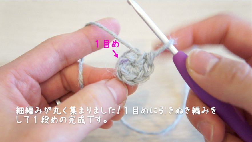 かぎ針編みで二重の輪で作り目を作る円の編み方を説明しています。１目めに引き抜く様子です。